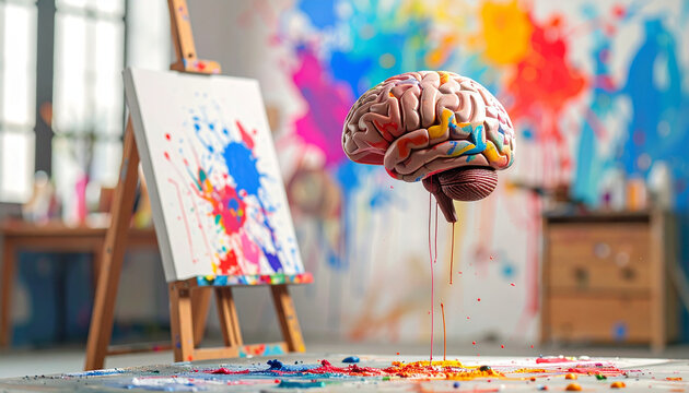 Brain balloon ascending in colorful art studio with vibrant paint splashes and creative atmosphere inspiring imagination and joy