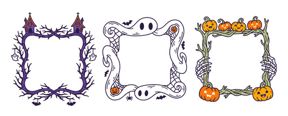 collection of three Halloween frames, with ghosts, cute pumpkins, spider web, bats and gothic house, spooky design set