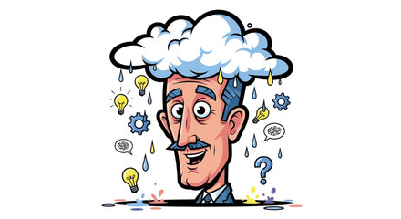 Cartoon Man Overwhelmed by Ideas, Lightbulbs, and Gears Raining from Cloud