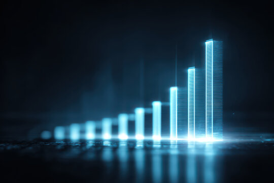 Neon finance bar chart glowing hologram rising growth futuristic data digital analytics business success blue light 3D bars modern technology