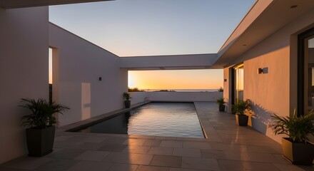 Minimalist villa backyard with open terrace, infinity pool, white walls, warm evening light illuminating design.
