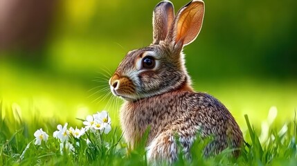 Cute Rabbit Sitting Gracefully Among Wildflowers in a Green Meadow