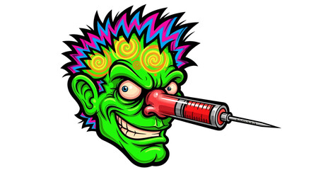 Cartoon Green Face with Syringe Nose and Psychedelic Hair