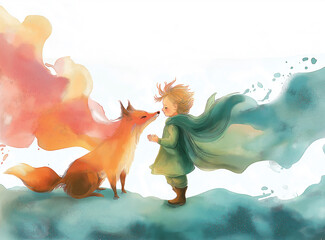 The Little Prince, Prince, Le Petit Prince, Saint-Exupéry, fox, rose, planet, fairy tale, fable, children, friendship, love, desert, illustration, scarf, cartoon, animal, vector, cute, fantasy, happy,