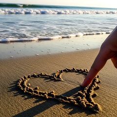 Hand drawing a heart on damp sand with finger, ocean waves approaching gently