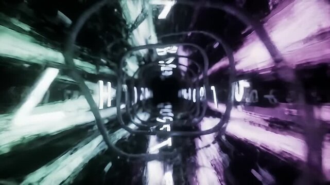 Abstract Digital Tunnel of Binary Code and Glowing Numbers Flying Through Futuristic Neon Network