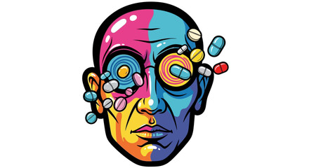 Colorful Head with Pills: Mental Health Concept Illustration