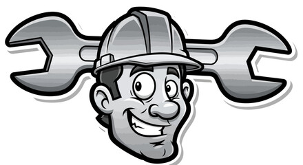 Cartoon Mechanic with Wrench Wings and Smiling Face