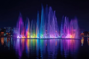Nocturnal Symphony - Chromatic Fountains Reflecting in a Dark Lake.