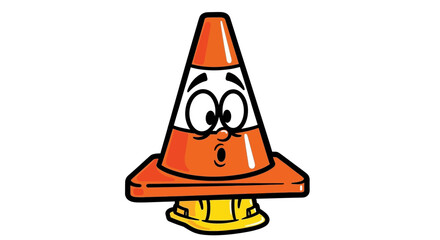 Cartoon Traffic Cone Character with Surprised Expression and Hard Hat