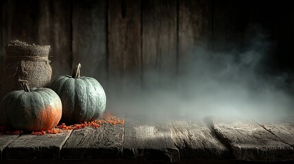 Two pumpkins and a burlap sack on a wooden surface with fog.