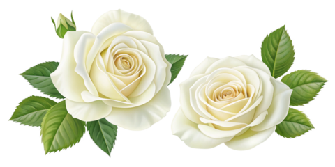 Realistic White Roses with Lush Green Leaves on Transparent Background
Elegant Creamy White Roses Digital Illustration Isolated on Transparent Background