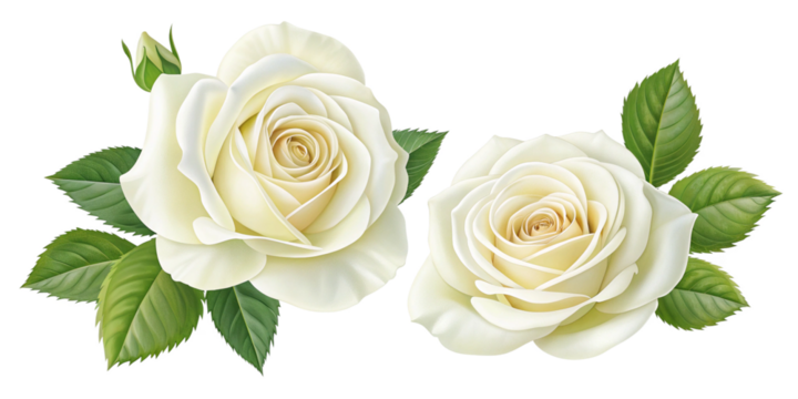 Realistic White Roses with Lush Green Leaves on Transparent Background
Elegant Creamy White Roses Digital Illustration Isolated on Transparent Background