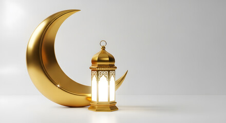 Golden crescent moon and lantern on white background, isolated on white background, for ramadan