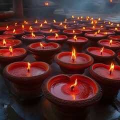Many small, terracotta-colored candleholders, filled with red wax and burning, creating a warm glow