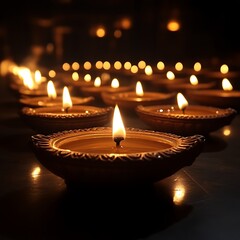 Many small, warm, clay lamps with flickering flames in a dark setting