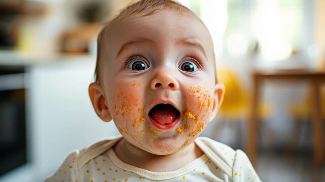 Surprised baby with food on face.  Adorable, messy, and expressive.