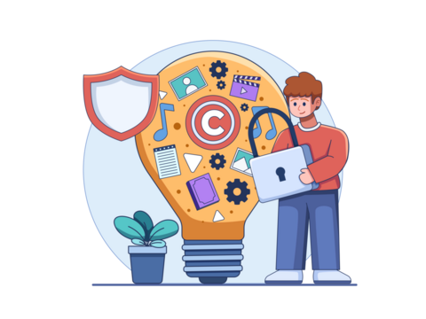 Person Securing Intellectual Property with Lightbulb Graphic Illustration with Orange and Blue Accents on Transparent Background