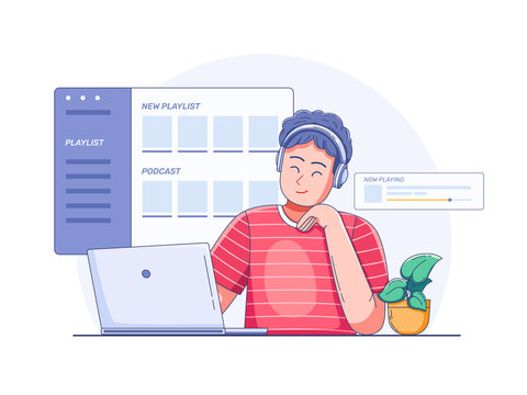 Person Working on Laptop Wearing Headphones in Transparent Background Flat Style Illustration Red Striped Shirt Laptop Computer Plant and Program Window