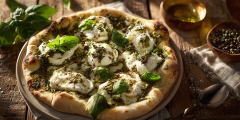 Delicious Homemade Pizza with Fresh Basil and Creamy Mozzarella on Rustic Wooden Table