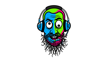 Cartoon Head with Headphones, Colorful Face, and Long Beard