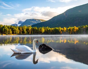 Serene swan on calm lake, mountains reflecting in water