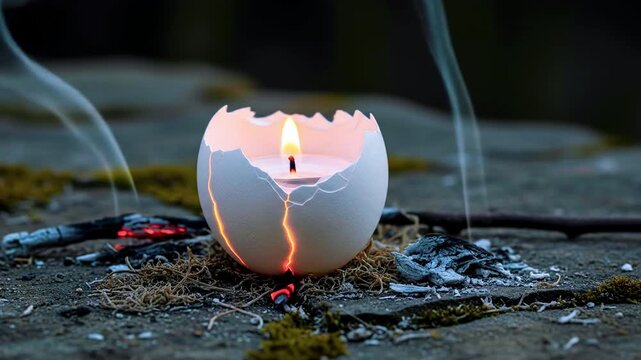 A lit candle inside a cracked eggshell resting on mossy stones, with smoke rising in a serene outdoor setting