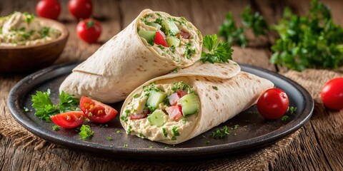 Fresh and Delicious Wraps with Vegetables and Herbs on a Rustic Wooden Table