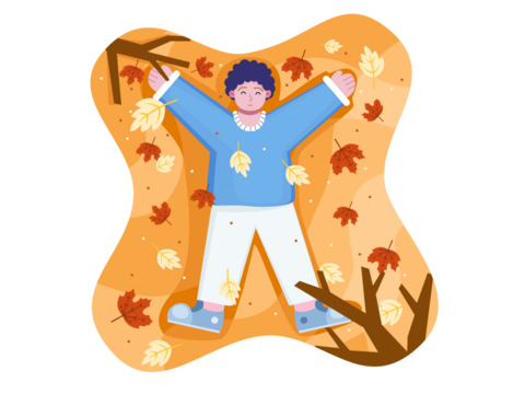 Person Lying in Autumn Leaves on Transparent Background Illustration Boy in Blue Sweater and White Pants Surrounded by Falling Leaves and Branches - Powered by Adobe