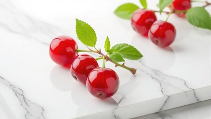 Glossy Red Cherries with Green Leaves on White Marble Surface