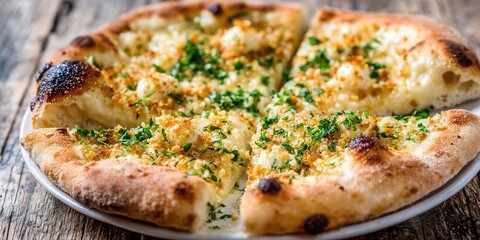 Delicious Garlic and Herb Pizza with Golden Crust on Rustic Wooden Table