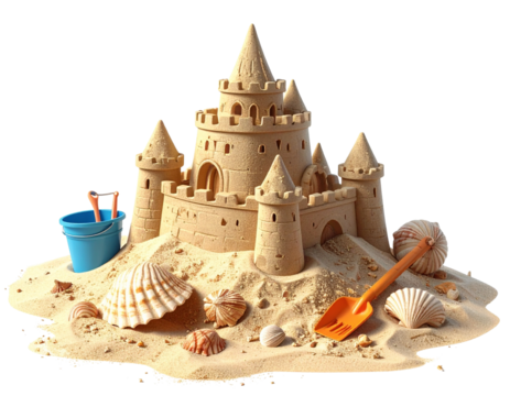 Fantasy Style Sandcastle with Shovel and Pail Isolated on White