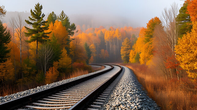 Railroad tracks through autumn forest landscape with fog and golden trees view scenic
