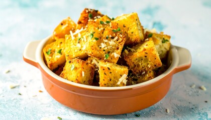 Cubed, golden croutons piled high in a brown ceramic bowl, atop a light blue surface