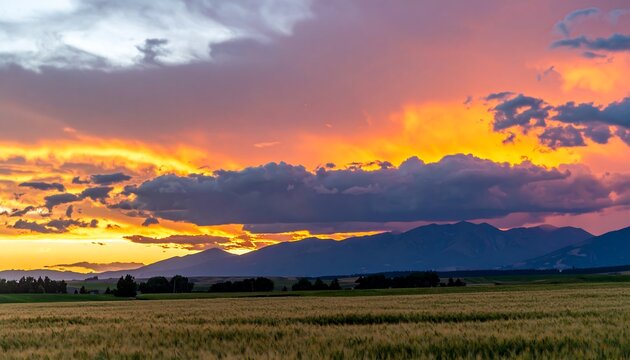 Vibrant sunset hues paint the sky above a tranquil field and distant mountains