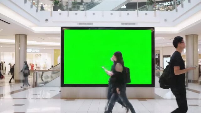 Timelapse of People Walking Past Green Screen Billboard in Mall