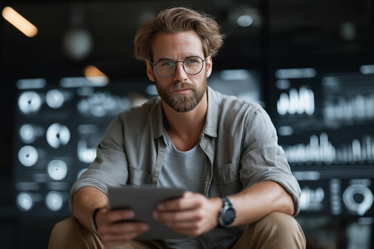 Hands typing on laptop with floating virtual stock market graphs, glowing futuristic HUD interface, professional corporate tone