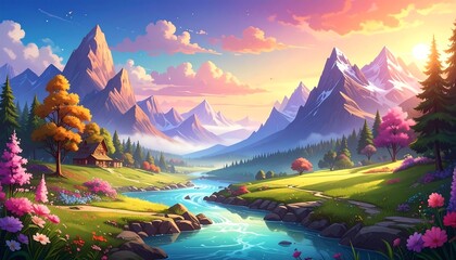 Serene valley landscape, sunset over majestic mountains, river flows through blooming meadows
