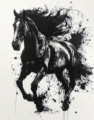 墨の飛沫で表現された抽象的な馬の墨画