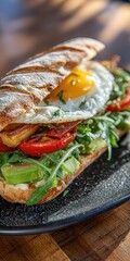 Delicious Breakfast Sandwich with Fried Egg, Avocado, and Fresh Vegetables