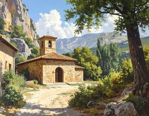 Picturesque Mountain Chapel in Sunny Valley Landscape