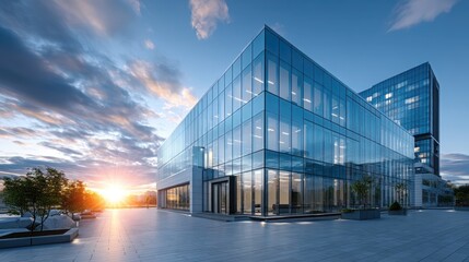 Obraz premium Modern Architecture Glass Cinematic HDR Building at Sunset with Blue Sky and Clouds Reflecting on Facade