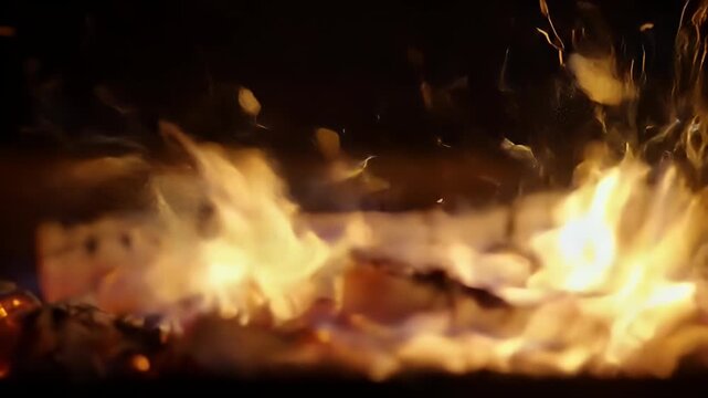 Close-up of burning logs in a fireplace with glowing embers and sparks flying upwards