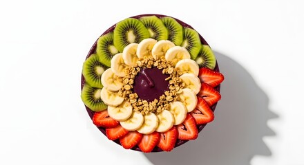 A colorful and appetizing fruit bowl filled with a variety of healthy toppings. 