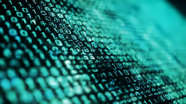 Digital binary code stream flowing through a futuristic hexagonal grid pattern in neon teal light