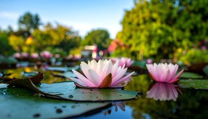 Serene water lilies bloom on tranquil pond