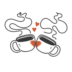 two hot coffee cup or mug together creating love sign in doodle hand drawn cartoon