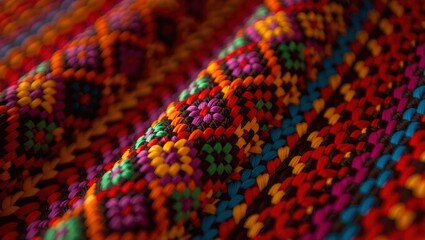 Intricate Woven Textile with Vibrant Floral Motifs and Textured