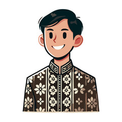 Cartoon of a smiling man wearing a traditional Indonesian shirt with a floral batik pattern