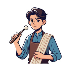 A young man is weaving traditional fabric in a white background